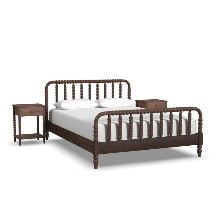 Spindle Brown Queen Bed and Two Nightstands