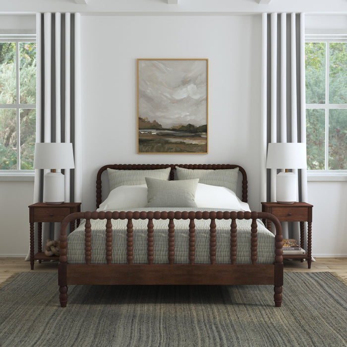 Spindle Brown Queen Bed and Two Nightstands