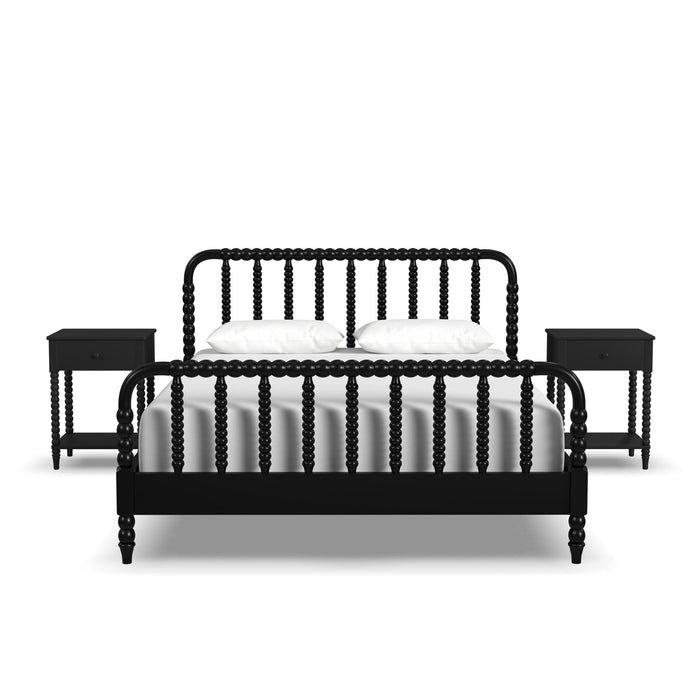 Spindle Black Queen Bed and Two Nightstands